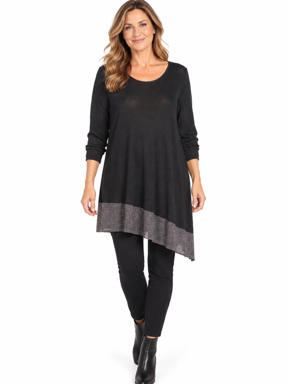 EILEEN FISHER WOMAN Black Tunic Sweater w/Asymmetrical Metallic Gray Hem Size 2X